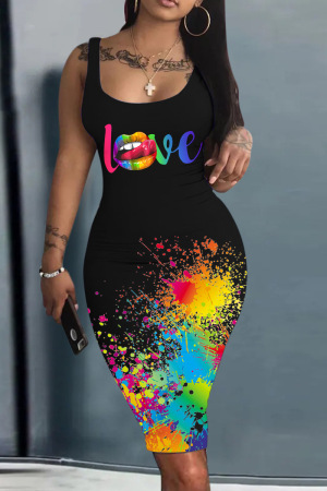 Black Yellow Sexy Casual Print Basic U Neck Vest Dress Dresses