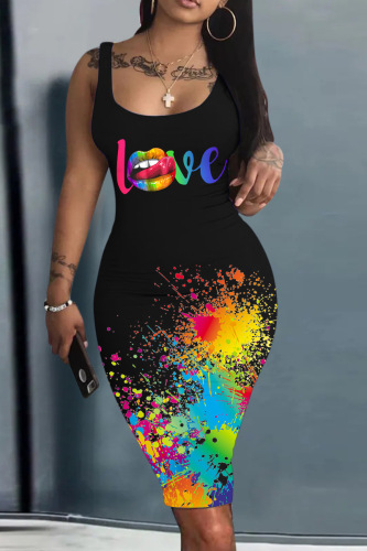 Black Yellow Sexy Casual Print Basic U Neck Vest Dress Dresses