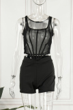 Black Sexy Solid See-through Backless U Neck Sleeveless Two Pieces