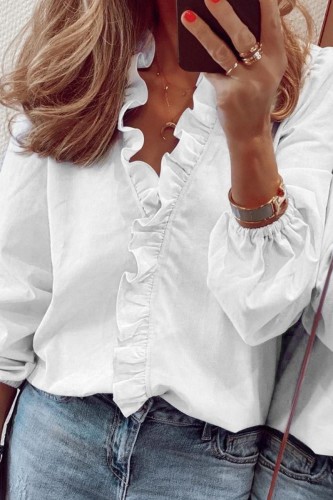 White Casual Solid Patchwork V Neck Tops