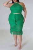 Green Sexy Solid Backless Cross Straps O Neck Plus Size Two Pieces