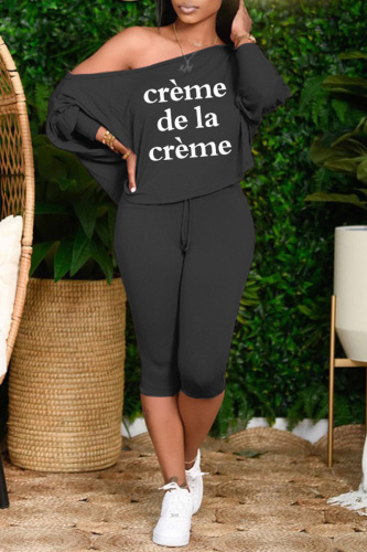Black Casual Letter Print Basic Oblique Collar Long Sleeve Two Pieces