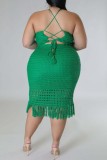 Green Sexy Solid Backless Cross Straps O Neck Plus Size Two Pieces