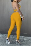 Yellow Sexy Patchwork Hollowed Out Backless Contrast Halter Sleeveless Two Pieces