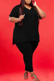 Black Casual Solid Slit V Neck Plus Size Two Pieces