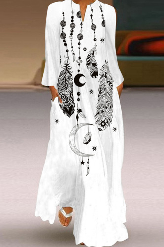 White Black Casual Print Basic V Neck Long Sleeve Dresses