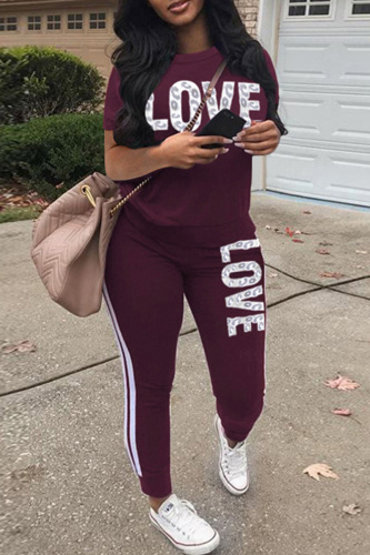 Burgundy Casual Letter Print Basic O Neck Short Sleeve Two Pieces