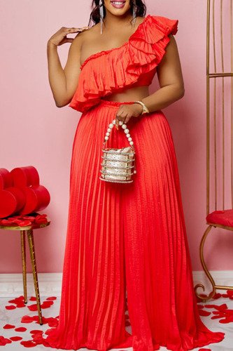 Tangerine Red Sexy Solid Patchwork Flounce Fold Oblique Collar Sleeveless Two Pieces