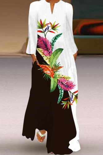 White Green Casual Print Basic V Neck Long Sleeve Dresses