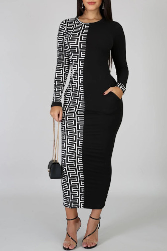 White Elegant Print Patchwork O Neck Pencil Skirt Dresses
