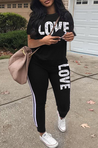Black Casual Letter Print Basic O Neck Short Sleeve Two Pieces