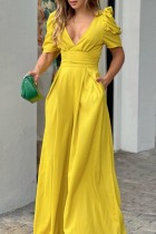 Yellow Casual Solid Patchwork V Neck Regular Jumpsuits