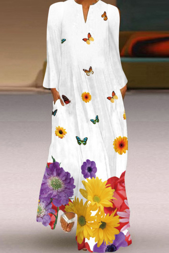 White Orange Casual Print Basic V Neck Long Sleeve Dresses