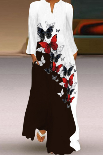 White Red Casual Print Basic V Neck Long Sleeve Dresses