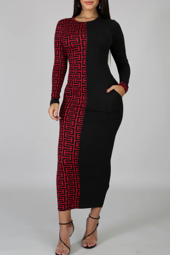 Red Elegant Print Patchwork O Neck Pencil Skirt Dresses