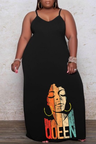 Black Sexy Casual Print Backless Spaghetti Strap Long Dress Plus Size Dresses