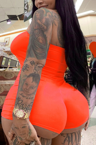 Orange Sexy Solid Backless Strapless Plus Size Romper