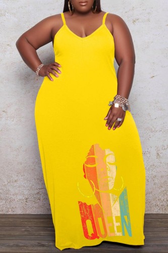 Yellow Sexy Casual Print Backless Spaghetti Strap Long Dress Plus Size Dresses