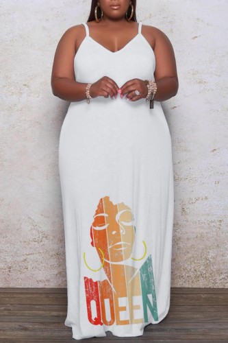 White Sexy Casual Print Backless Spaghetti Strap Long Dress Plus Size Dresses