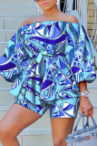 Black White Casual Print Patchwork Off the Shoulder Long Sleeve Two Pieces