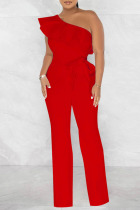 Red Casual Solid Bandage Patchwork Flounce Oblique Collar Straight Jumpsuits
