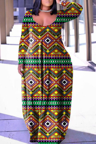 Multicolor Casual Print Basic V Neck Long Sleeve Dresses