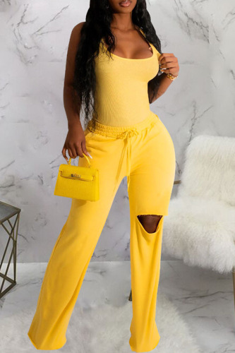 Yellow Casual Solid Ripped Patchwork U Neck Sleeveless Two Pieces