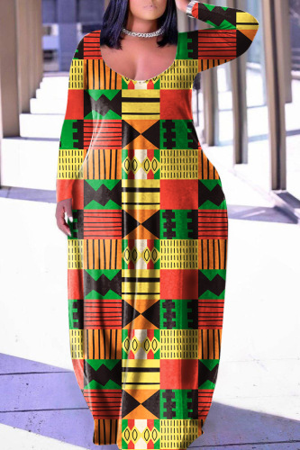 Tangerine Red Casual Print Basic V Neck Long Sleeve Dresses