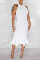 White Elegant Solid Patchwork Backless Flounce Halter Trumpet Mermaid Dresses