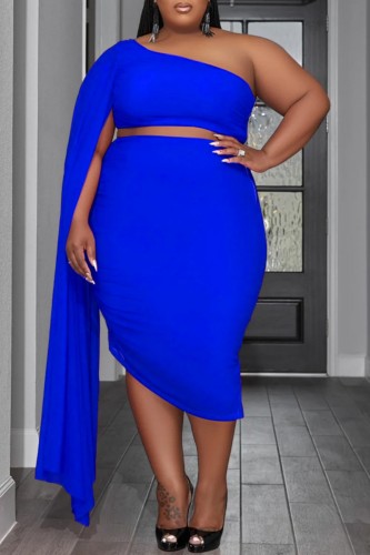 Blue Sexy Solid Patchwork Backless Oblique Collar Plus Size Two Pieces