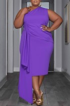 Purple Casual Solid Patchwork Oblique Collar Sleeveless Dress Plus Size Dresses