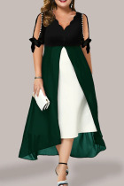 Ink Green Casual Solid Patchwork V Neck Straight Dresses