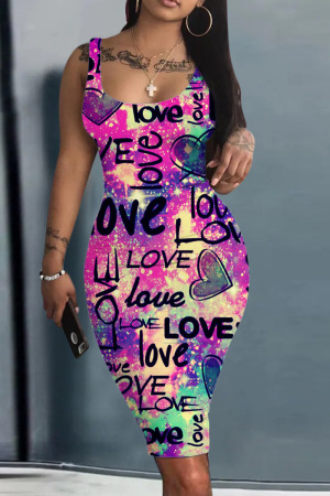 Fuchsia Sexy Casual Print Basic U Neck Vest Dress Dresses