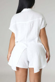 White Casual Solid Patchwork Buckle Slit Turndown Collar Short Sleeve Two Pieces