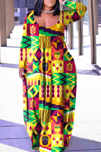 Yellow Casual Print Basic V Neck Long Sleeve Dresses