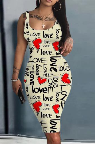 Apricot Sexy Casual Print Basic U Neck Vest Dress Dresses
