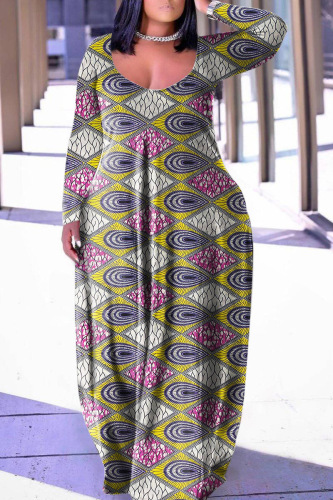 Grey Casual Print Basic V Neck Long Sleeve Dresses