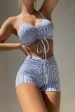 Blue Sexy Striped Print Draw String Frenulum Backless Swimwears (With Paddings)