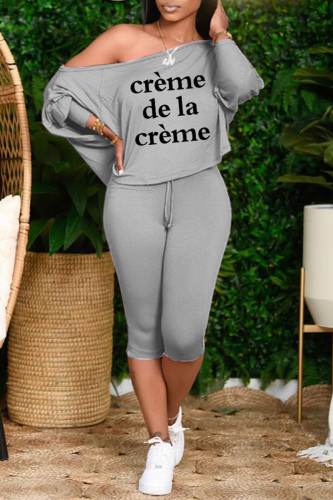 Grey Casual Letter Print Basic Oblique Collar Long Sleeve Two Pieces
