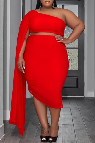Red Sexy Solid Patchwork Backless Oblique Collar Plus Size Two Pieces