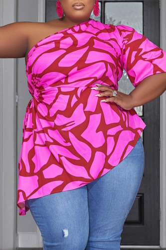 Pink Casual Print Bandage Hollowed Out Patchwork Asymmetrical Oblique Collar Plus Size Tops