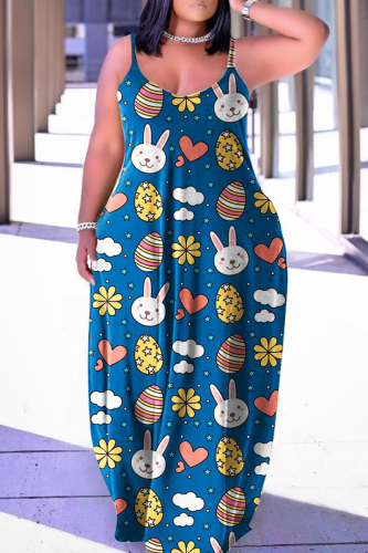 Blue Sexy Casual Print Backless Spaghetti Strap Dresses