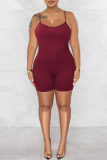 Burgundy Sexy Casual Solid Backless Spaghetti Strap Skinny Romper