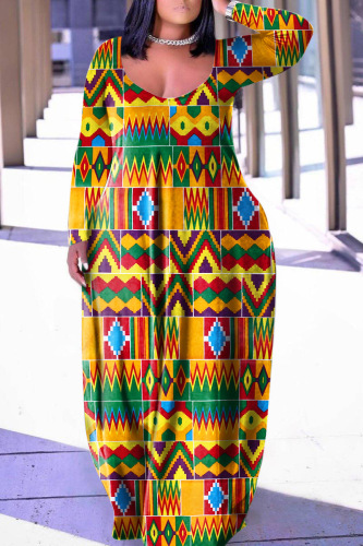 Orange Casual Print Basic V Neck Long Sleeve Dresses