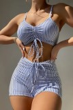 Red Sexy Striped Print Draw String Frenulum Backless Swimwears (With Paddings)