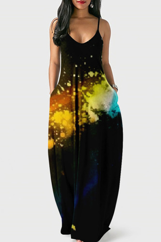 Black Street Print Patchwork Spaghetti Strap Lantern Dress Dresses