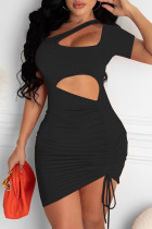 Black Sexy Solid Hollowed Out Patchwork Draw String Asymmetrical Collar Pencil Skirt Dresses