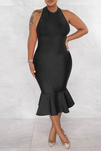 Black Elegant Solid Patchwork Backless Flounce Halter Trumpet Mermaid Dresses