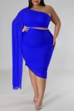 Blue Sexy Solid Patchwork Backless Oblique Collar Plus Size Two Pieces