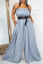 Light Blue Celebrities Solid Patchwork With Belt Strapless Straight Jumpsuits